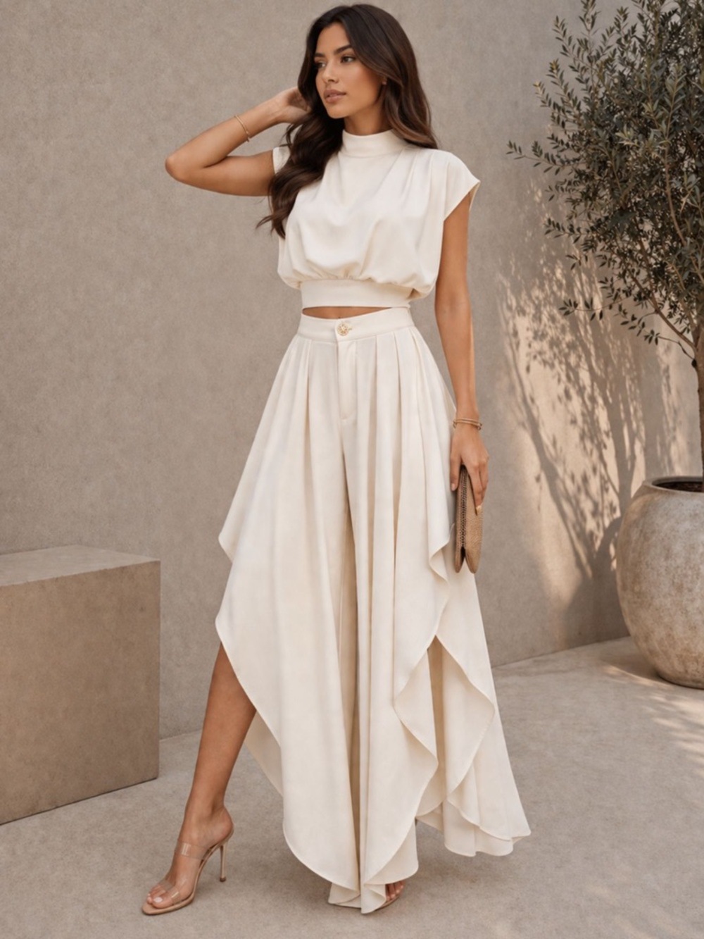 French Style Women's Niche Sleeveless Two Piece Set High Neck Cropped Top Irregular Ruffles Wide Leg Pants_ecoleips.com