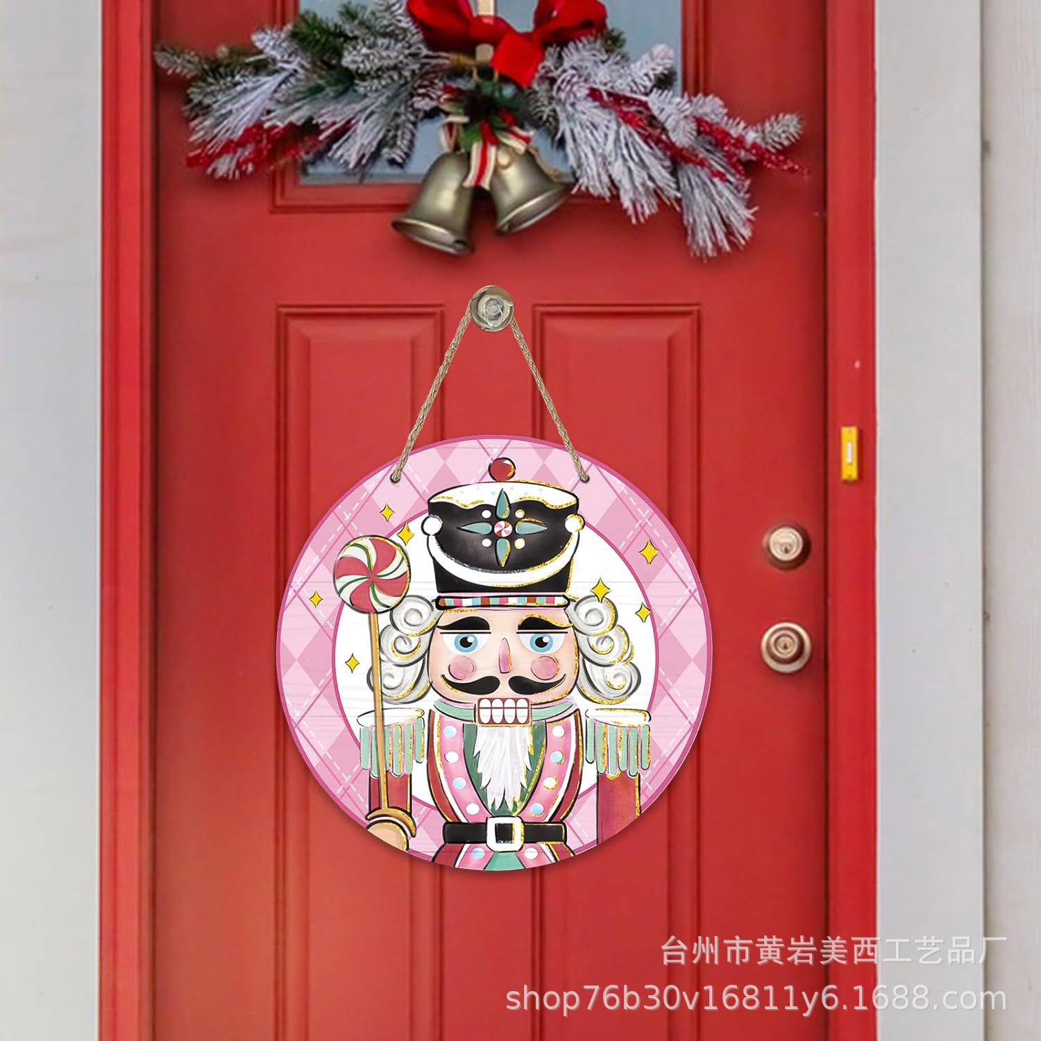 跨境圣诞胡桃夹子前门门牌圣诞士兵糖果水牛格子门廊装饰圆形挂件