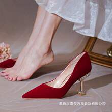 红鞋女新娘秀禾婚鞋年新款红色高跟鞋绒面细跟敬酒鞋水钻单鞋