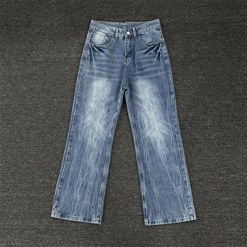 American High Street Vibe Lightning Crackle Blue Jeans 2025 Summer Men's Trendy Straight Leg Slimming Pants