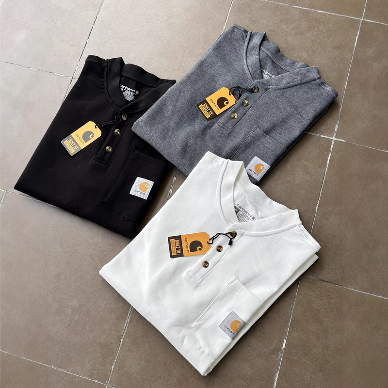 Carhartt Label Comfortable Henley Collar Knitted Pullover Short Sleeve T-Shirt Loose Fit Unisex