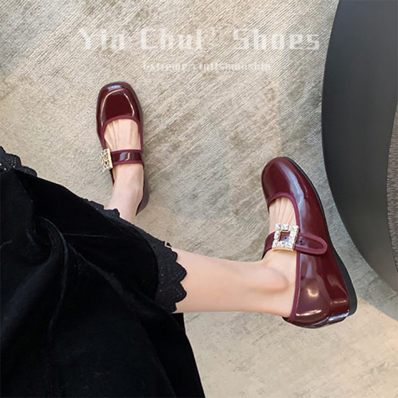 Sheepskin ~ Genuine Leather French Style Mary Jane Shoes Women's Autumn Dress Women's Shoes All-match Rhinestone Shallow Mouth Single-layer Shoes Women's Thick Heels