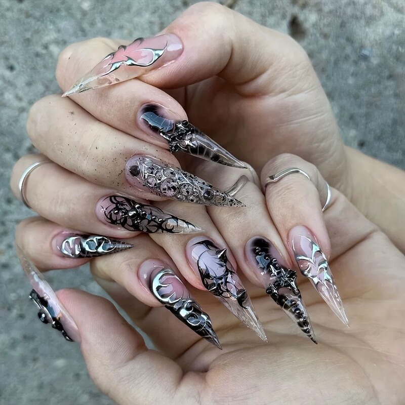 Cross-Border Hot-Selling Long Pointed Nails, Dark Style, Cool and Stylish, Whitening Transparent Wearable Nails, Detachable Fake Nails, Finished Products Wholesale Cross-Border Hot-Selling Long Pointed Nails, Dark Style, Cool and Stylish, Whitening Transparent Wearable Nails, Detachable Fake Nails, Finished Products Wholesale