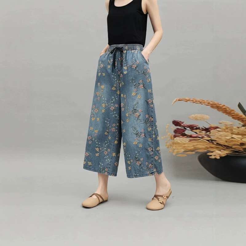 New Chinese-style elastic waist wide-leg cropped jeans for women, lightweight drawstring loose plus-size printed casual pants New Chinese-style elastic waist wide-leg cropped jeans for women, lightweight drawstring loose plus-size printed casual pants