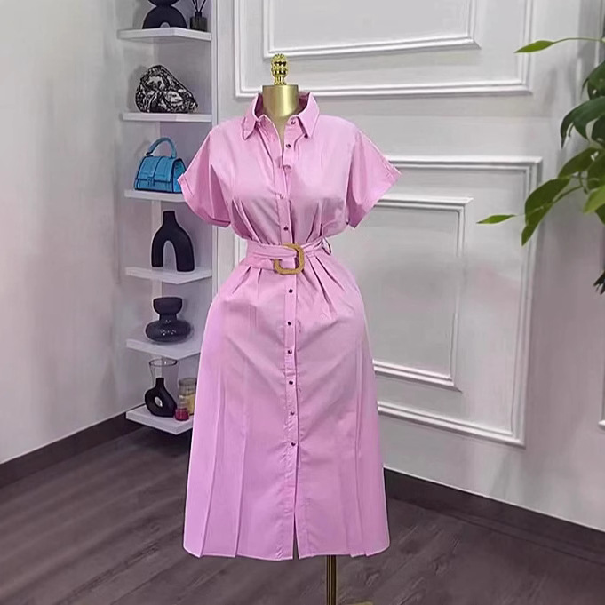 Women's Clothing Elegant Slimming Short Sleeved Shirt Dress Mid Length Solid Color American Style Autumn New Fashion_ecoleips.com