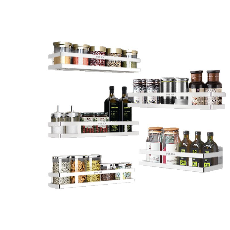 Estante colgante para botellas de condimentos, tarros de especias, recipientes de aceite, estante de almacenamiento de acero inoxidable, estante sin perforaciones, estante de almacenamiento para el hogar y la cocina.