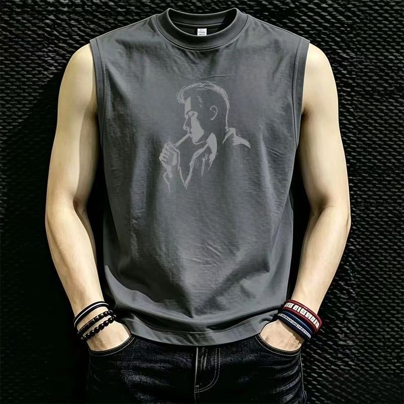 Summer Men's Sleeveless Vest American Style Trendy Round Neck Printed Tank Top Breathable Fitness Sports Top for Men Summer Men's Sleeveless Vest American Style Trendy Round Neck Printed Tank Top Breathable Fitness Sports Top for Men