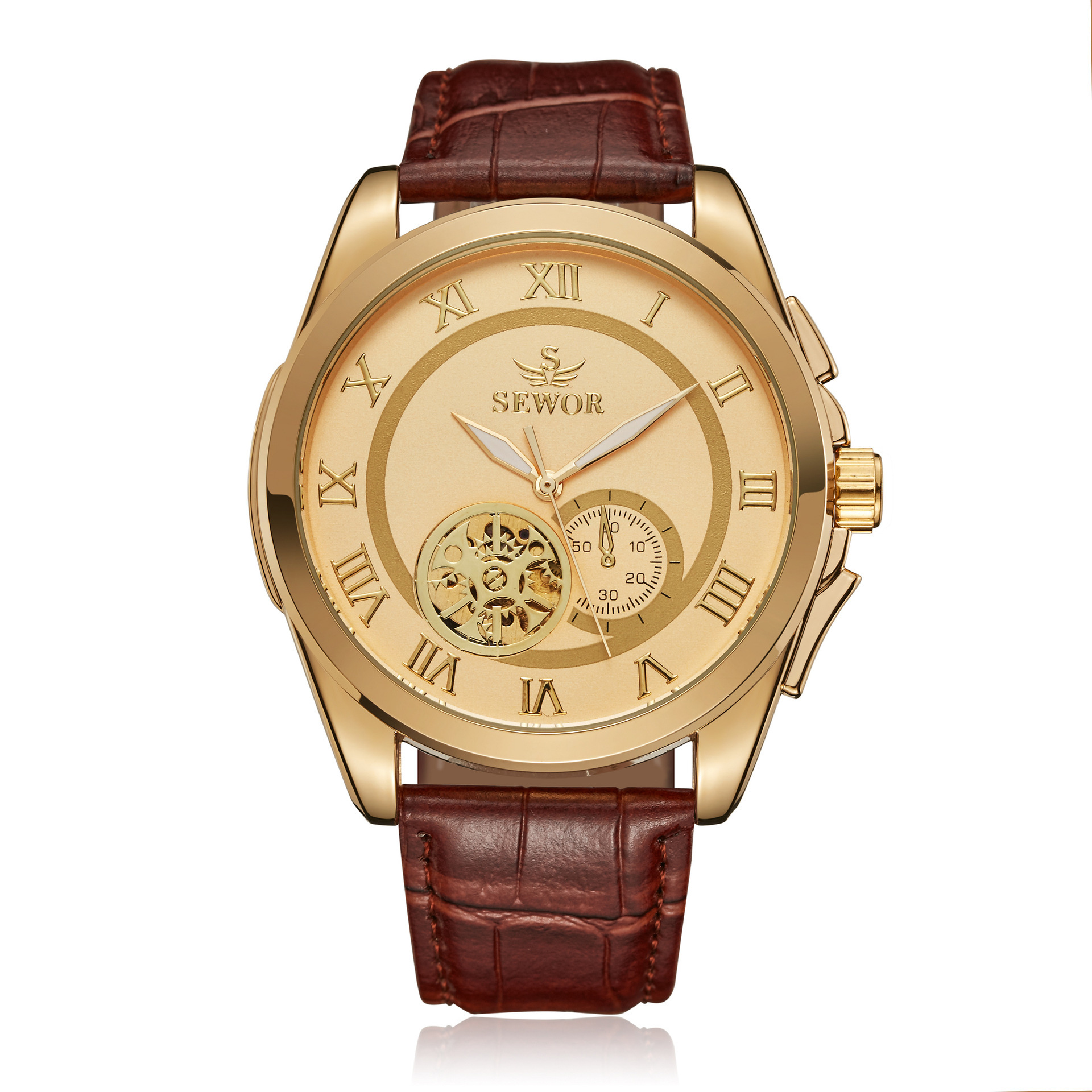 SEWOR reloj mecánico automático de los hombres huecos escala romana Correa casual reloj transfronterizo con transporte de carga