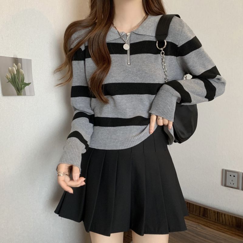 条纹针织衫上衣女2025新款秋翻领女士毛衣高知穿搭长袖打底衫|undefined