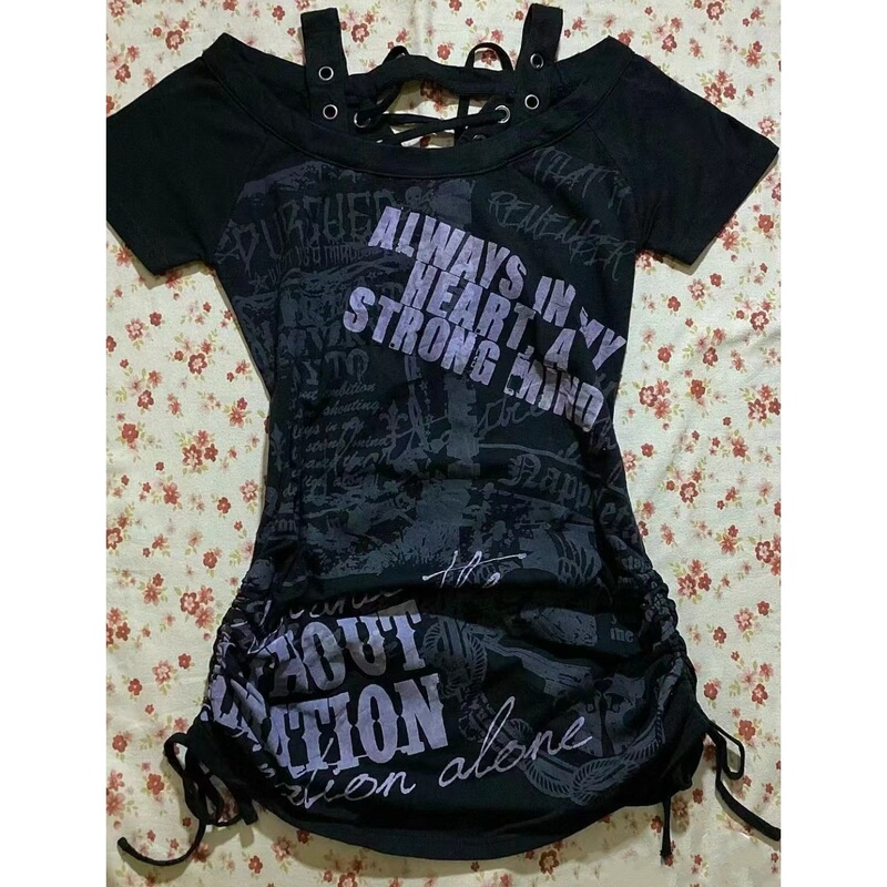Niche Subculture Style Side Drawstring Tie Fake Two-Piece Short-Sleeve Vintage Y2K Lettered Waist-Cinching Slimming Top for Women Niche Subculture Style Side Drawstring Tie Fake Two-Piece Short-Sleeve Vintage Y2K Lettered Waist-Cinching Slimming Top for Women