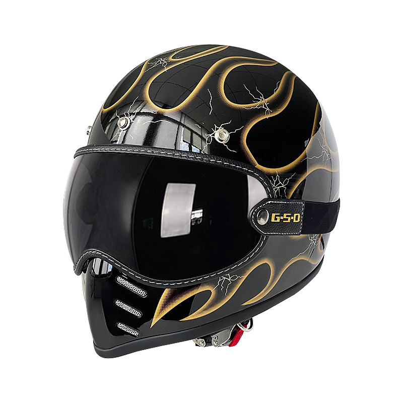 Fiberglass Retro Motorcycle, Motuoche Motosiklet kaskı (dəbilqə) - black-with-gold-flames-dark-tea-visor-m55-56