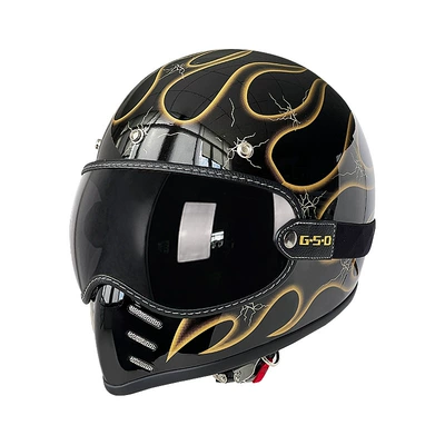 Foreign Trade Export Fiberglass Retro Motorcycle, Motosiklet kaskı (dəbilqə) - black-background-gold-flame-black-tea-mirror-m55-56