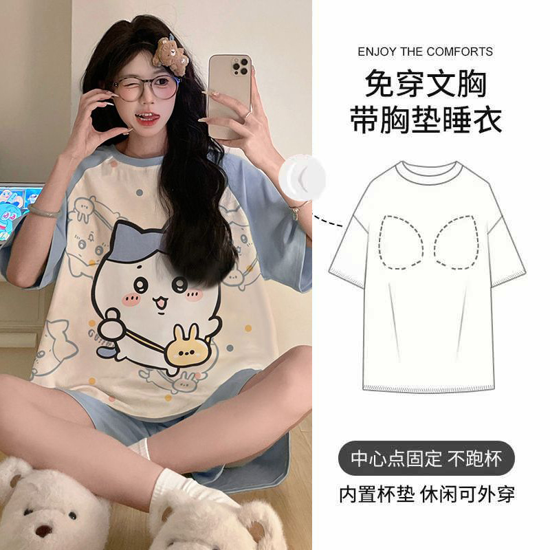 新款带胸垫睡衣女士夏季短袖甜美卡通休闲少女免穿文胸家居服套装