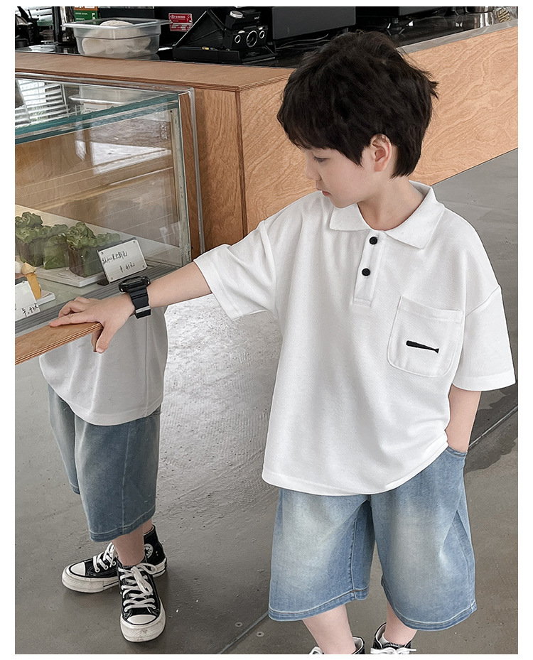 New 2024 Summer boys' polo shirt embroidered fish waistcoat short sleeve casual style summer refreshing handsome top