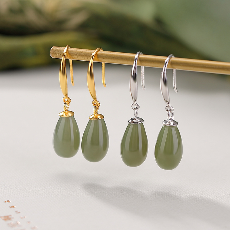 Khuyên tai nữ bạc S925 mạ vàng đính đá sodalite hình giọt nước phong cách cổ điển — Mẫu bạc