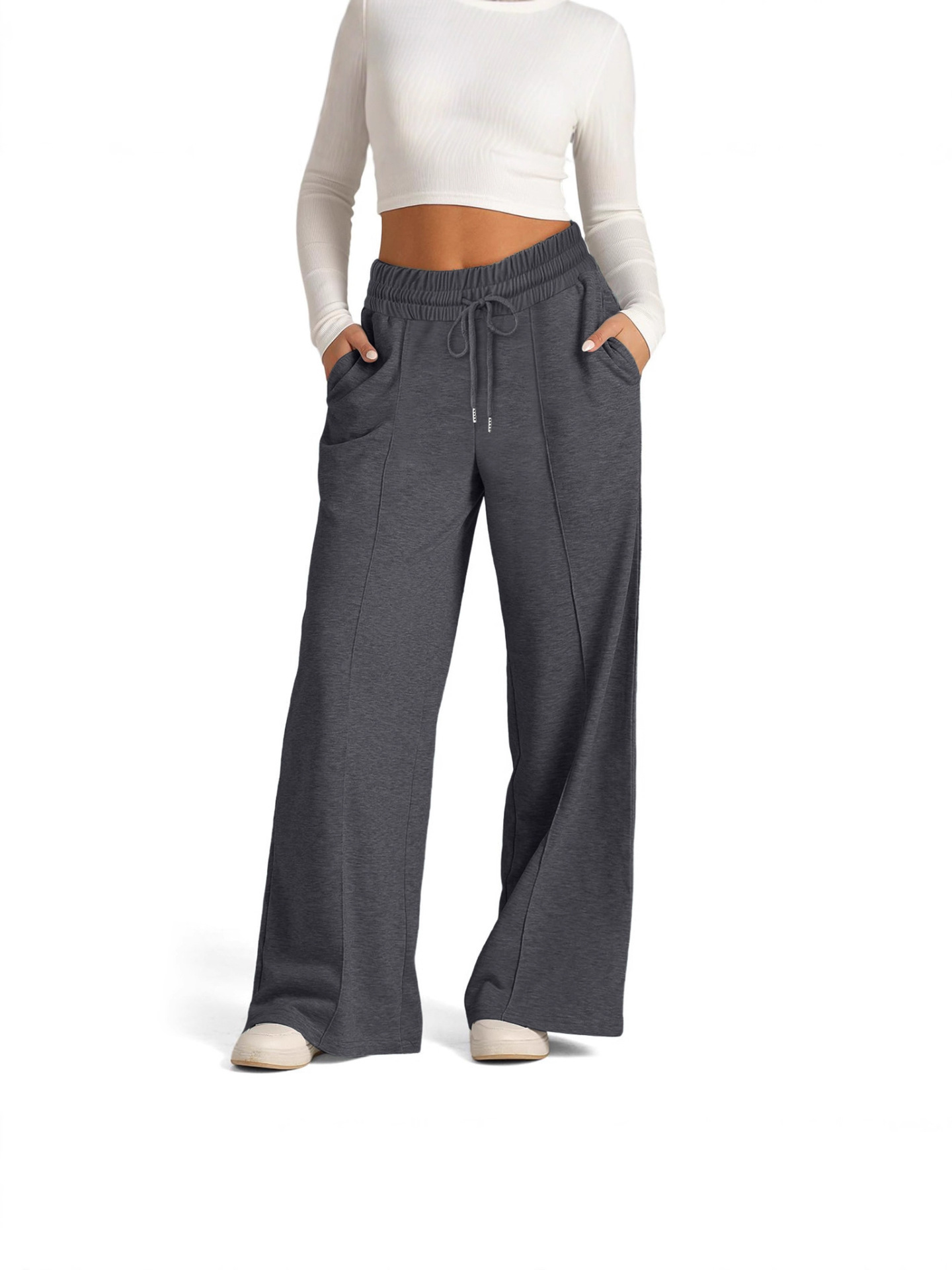Pantalón Casual Ancho con Cordón de Poliéster Color Sólido para Uso Diario image 6