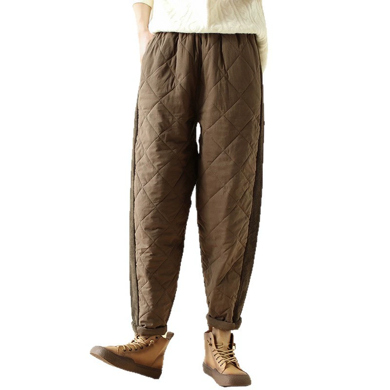 Winter solid velvet keep warm quilted trousers, elastic waist