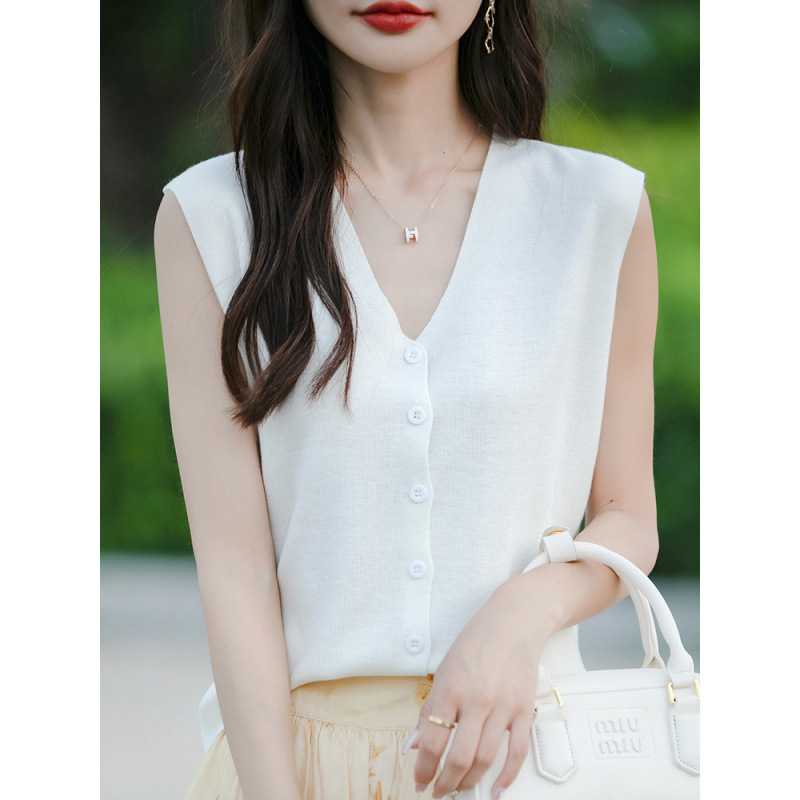 Spring and Autumn New Arrival Worsted Fine Wool V-neck Cardigan Women's Sleeveless Thin Simple Slim-fit Flying Sleeve Vest Top Small Shirt