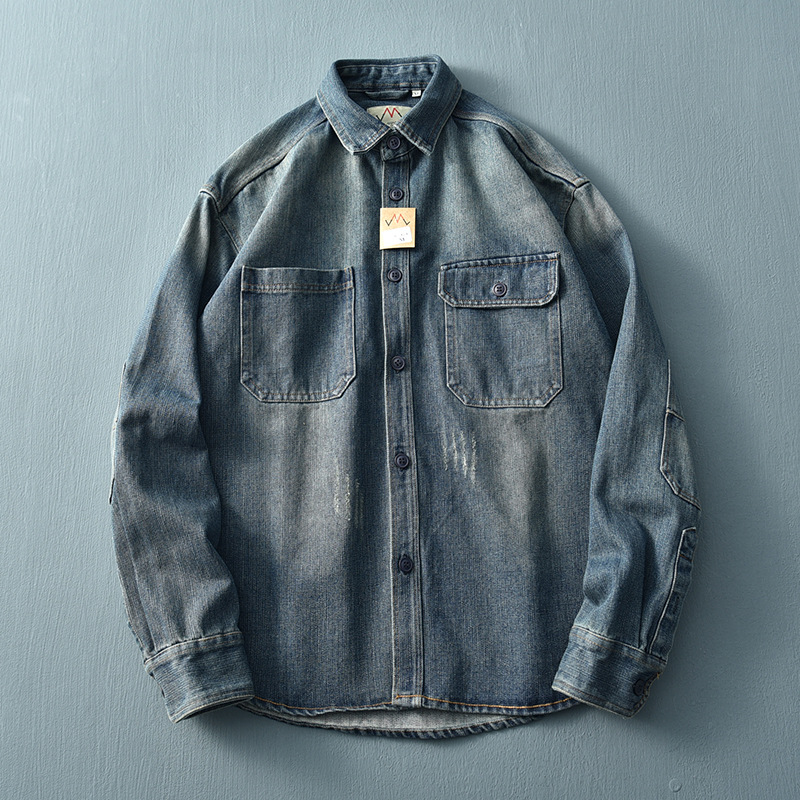 High-quality European And American Vintage Washed Workwear Thick Denim For Men, Loose Long-sleeved Shirt Jacket, Trendy_voghion.com