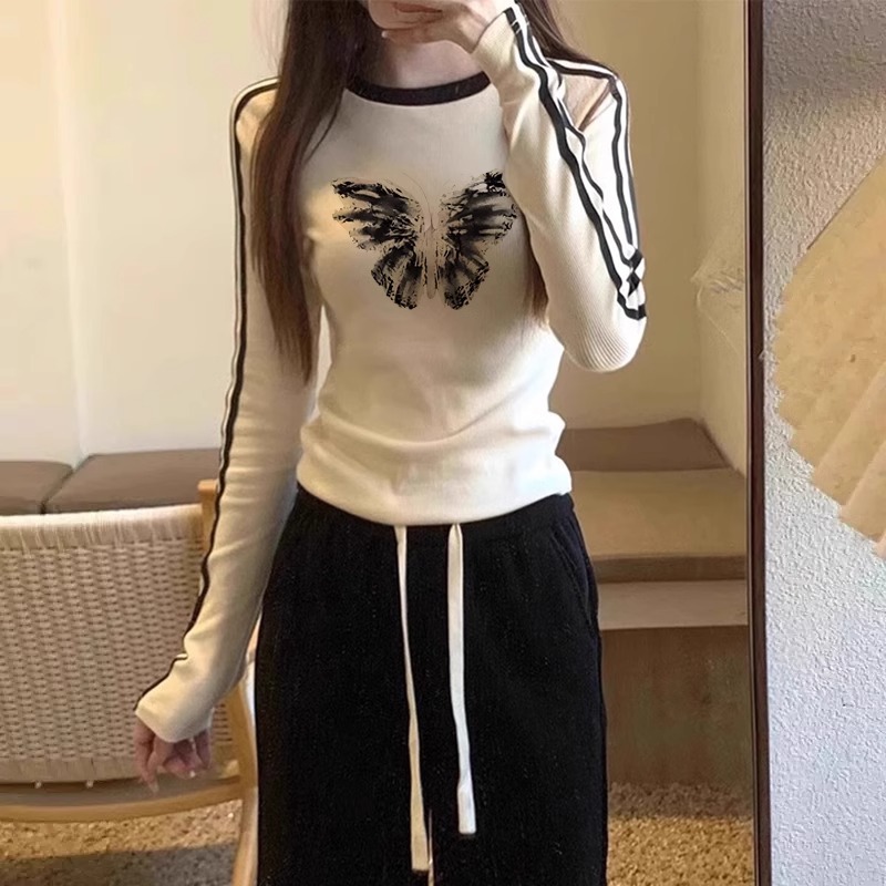 秋冬新款美式正肩纯欲风修身长袖t恤设计感撞色百搭打底衫ins上衣
