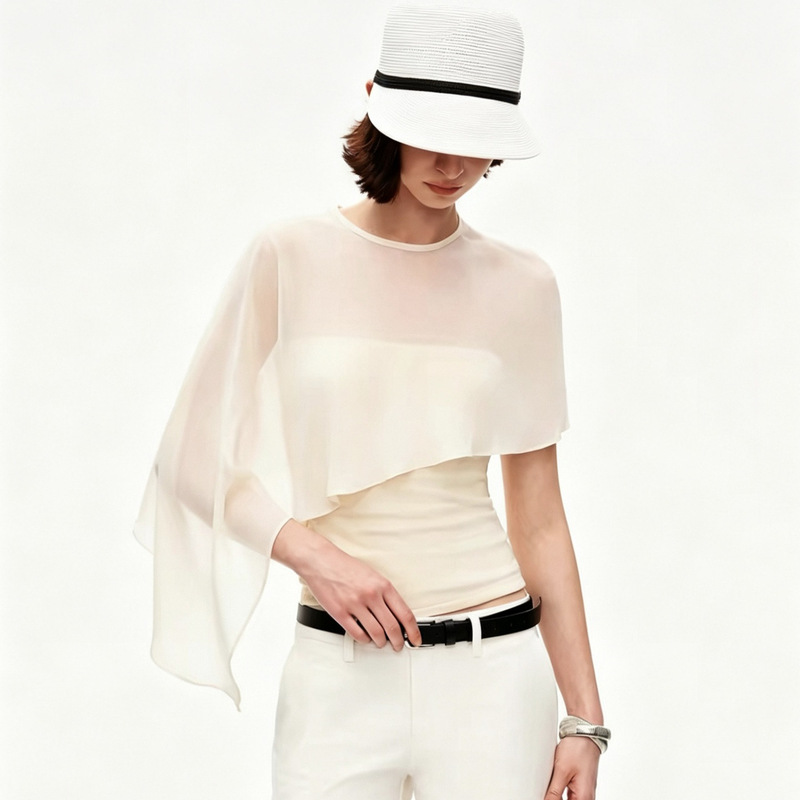 Strike a Pose Lyocell Slim-Fit Merino Wool Tube Top Mesh Cape Asymmetrical Stretch Vest