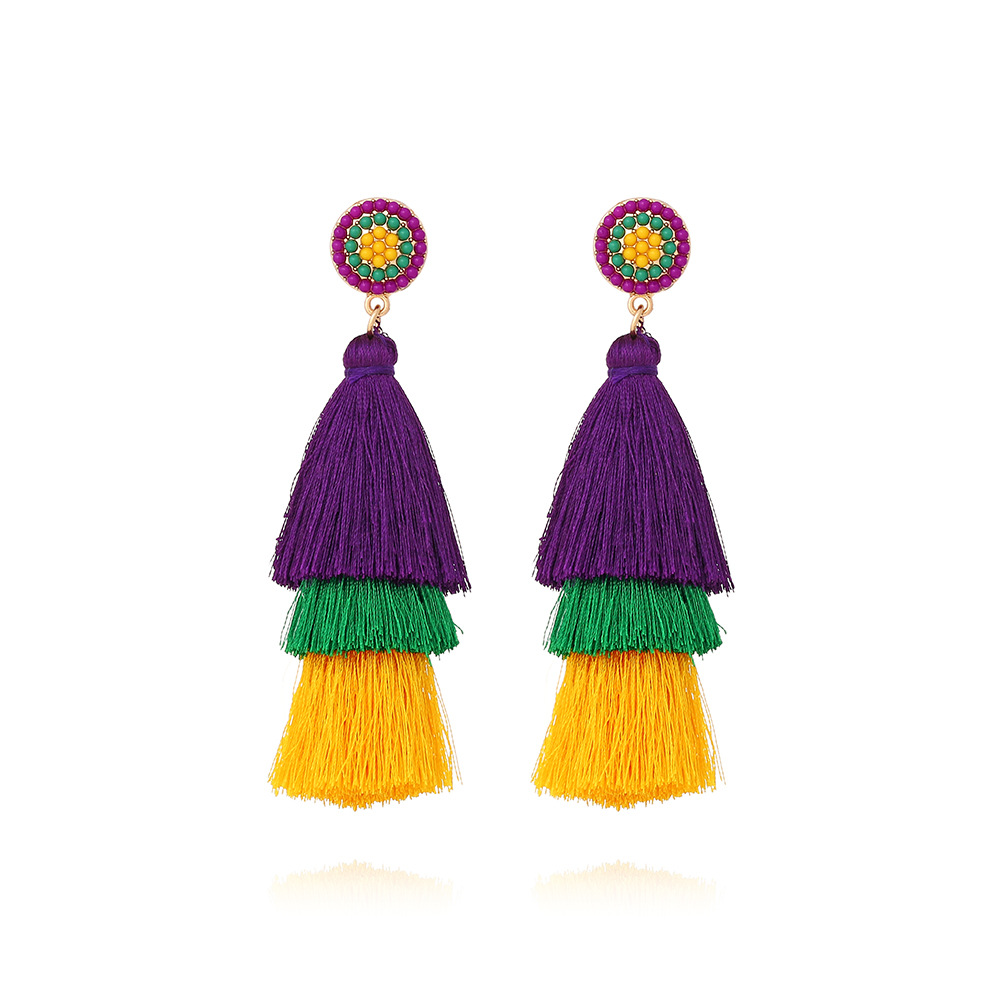 1 Pair Casual Retro Round Tassel Inlay Polyester Zinc Alloy Seed Bead Drop Earrings display picture 1