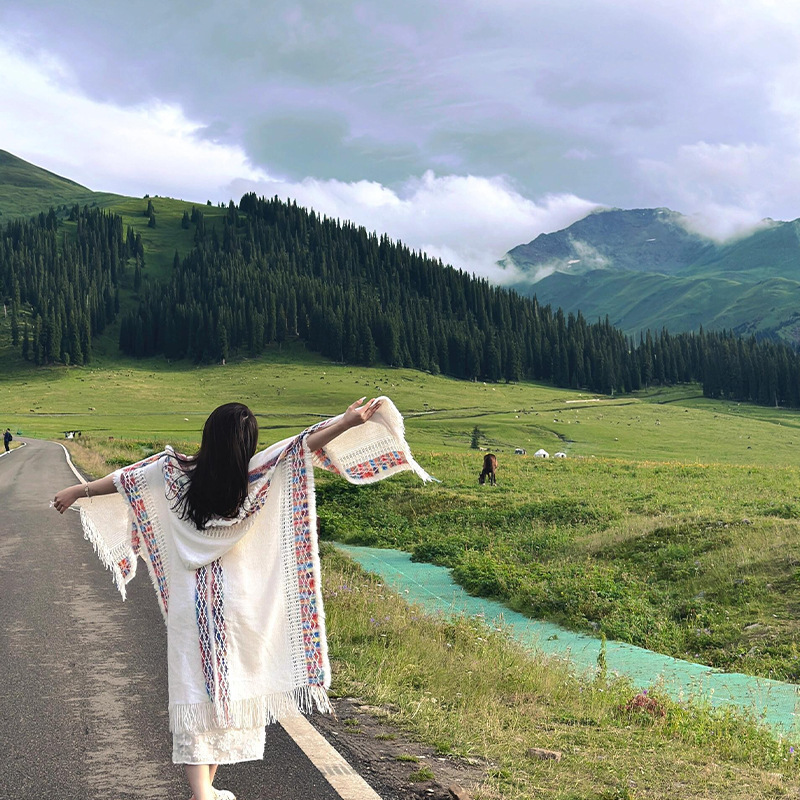 旅游民族风连帽披肩女外搭新疆云南波西米亚空调房流苏针织衫斗篷|undefined