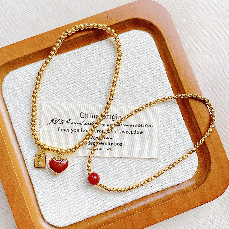 [Titanium Steel Body, No Need to Take Off When Bathing] Factory Direct Sales Red Agate Bouncy Bead Bracelet, Retro Oil Dripping Drum Surface Heart