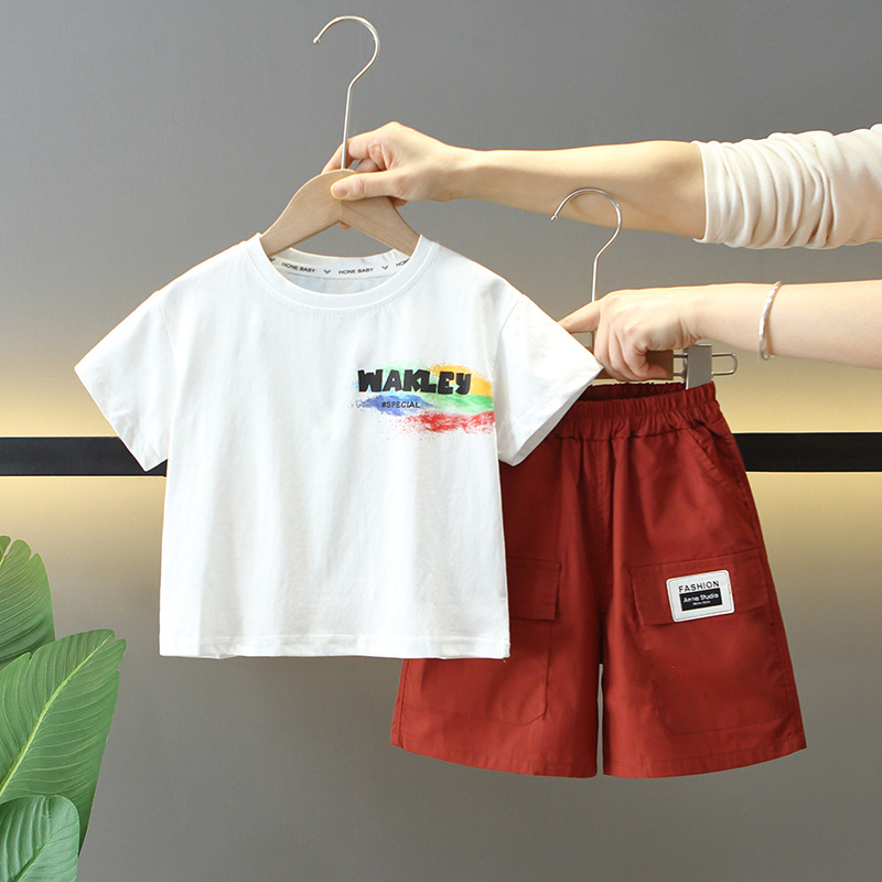 7854 traje de verano para niños 2025 nuevo estilo fresco y guapo ropa de verano para bebés de dos piezas de manga corta de moda para niños