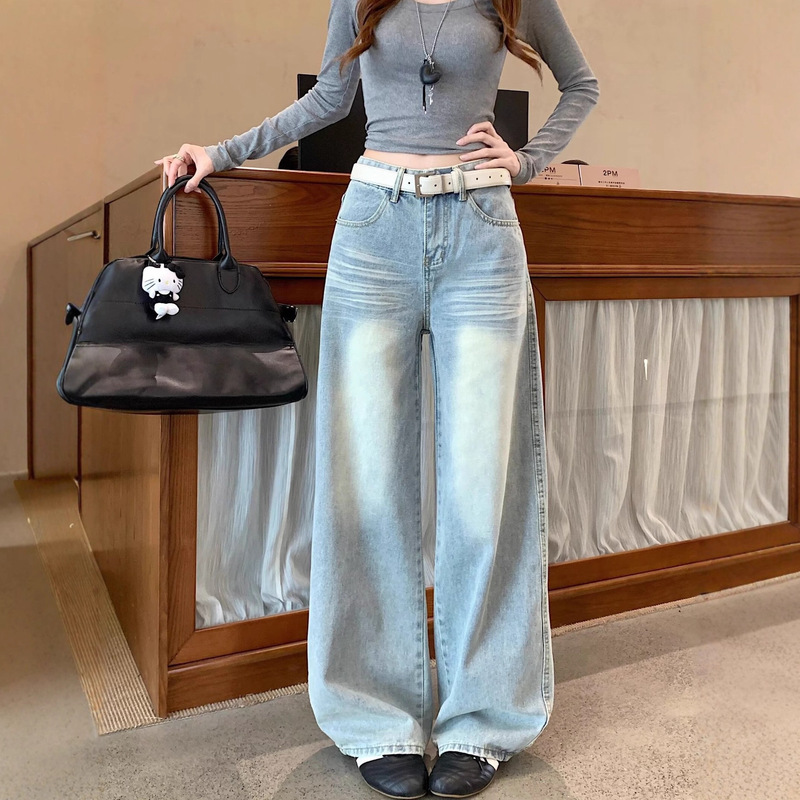 Plus Size Pocket Embroidered Low-Rise Blue Jeans for Women 2025 Autumn New Tall Thin Straight Wide-Leg Pants