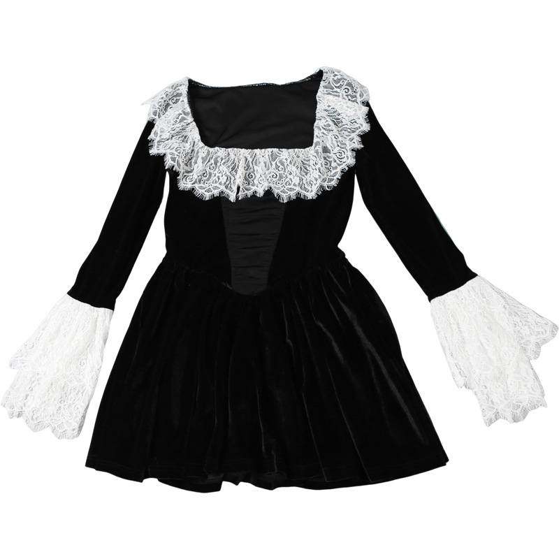 Women Clothing Autumn Winter French Square Collar Lace Bell Sleeve Dress Women