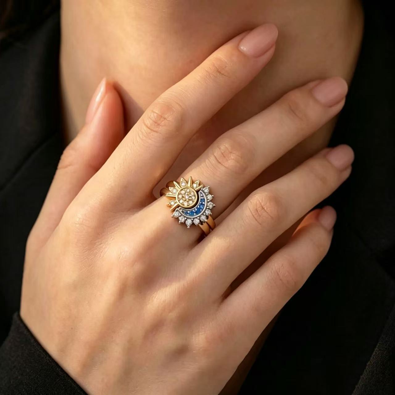 European and American Cross-Border Sun and Moon Couple Rings, Non-Fading, Fashionable and Trendy Design, Adjustable Open Ring, High-End Versatile Ring