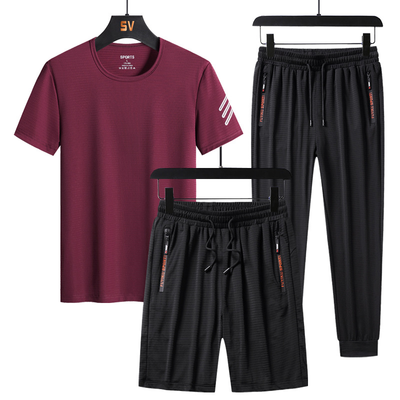 Men's Ice Silk T-Shirt Short-sleeved Summer Sports Casual suit Three-piece Set Loose plus size Comfortable Cool Breathable