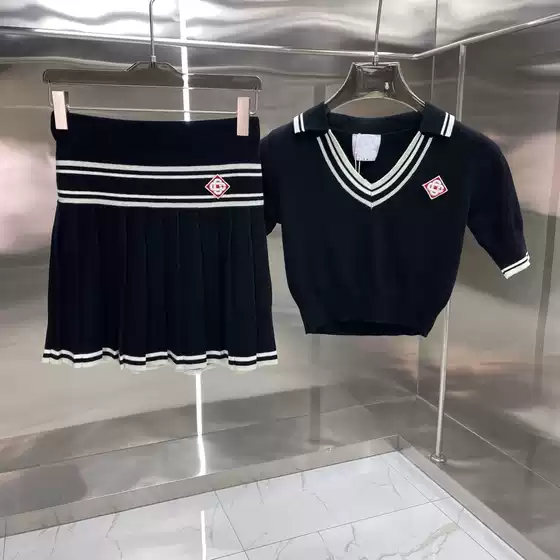 Cross-Border CA Casa Original Two-Tone Knit Patchwork Sweater and Skirt Set, Preppy Contrast Color, Versatile Slimming Women