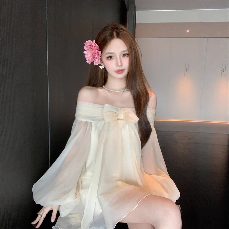 Gentle Style French Bow One-Shoulder Chiffon Dress Summer New Style Age-Reducing Loose Slimming Short Skirt