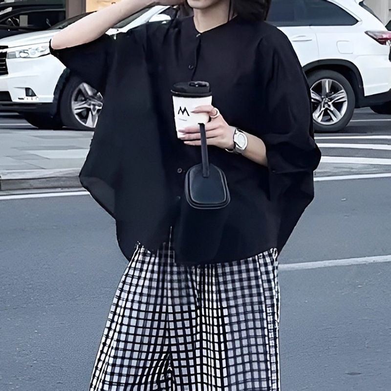 法式薄款黑色七分袖女胖MM高级感气质通勤显瘦宽松巨好看休闲上衣|undefined