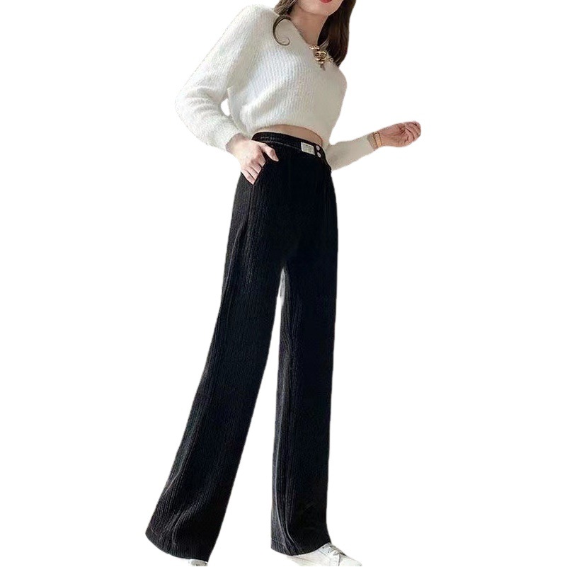 Pantalones de pierna ancha de mujer de entrega de una sola pieza de cintura alta para adelgazar con forro polar grueso suelto casual pantalones de yoga rectos pantalones para mujeres