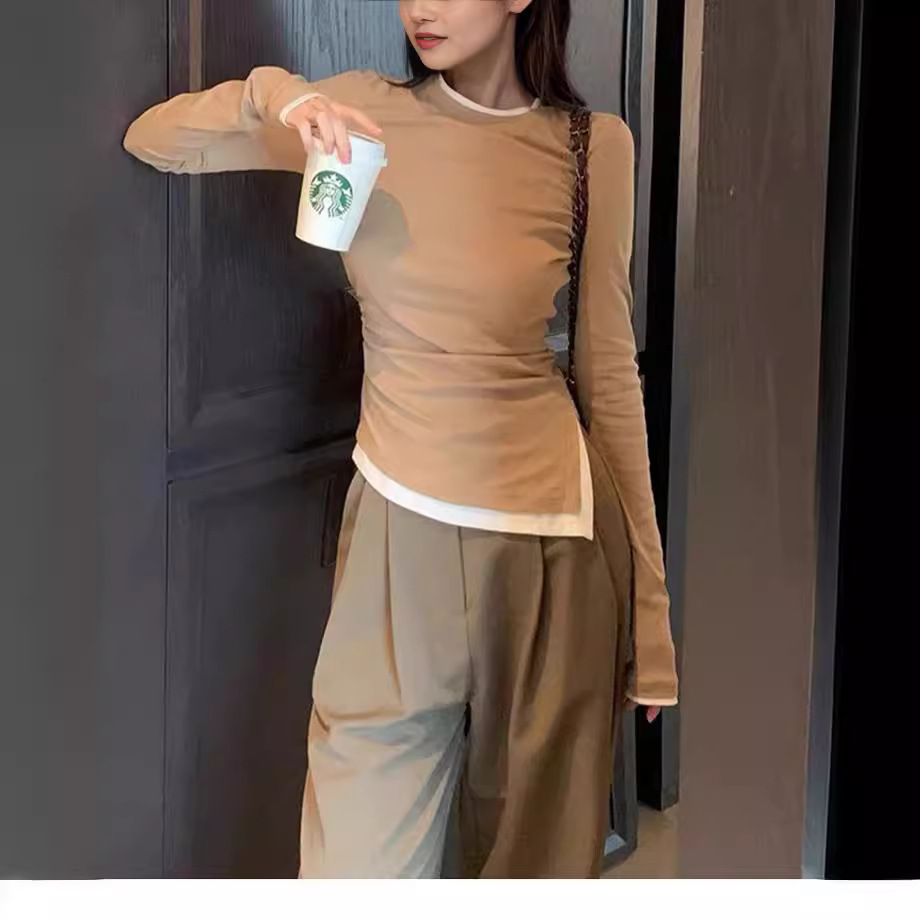 In Home Spring New Elastic Versatile Casual Slimming Split Faux Two-Piece Long-Sleeve Cotton T-Shirt Women's Base Layer