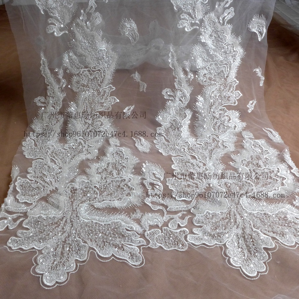 白色/银色重工钉珠婚纱蕾丝绣花蕾丝钉珠亮片女装面料DIY辅料
