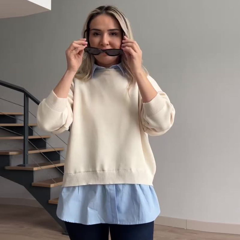 2024 otoño nuevo estilo europeo y americano Amazon ropa de mujer transfronteriza moda falsa dos piezas diseño simple camisa de punto universal