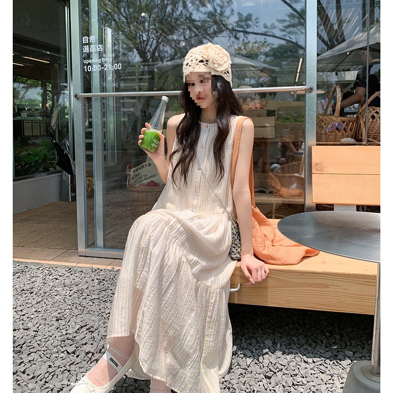 跨境 减龄圆领条纹无袖连衣裙女夏天巨看长裙海边度假宽松裙|undefined