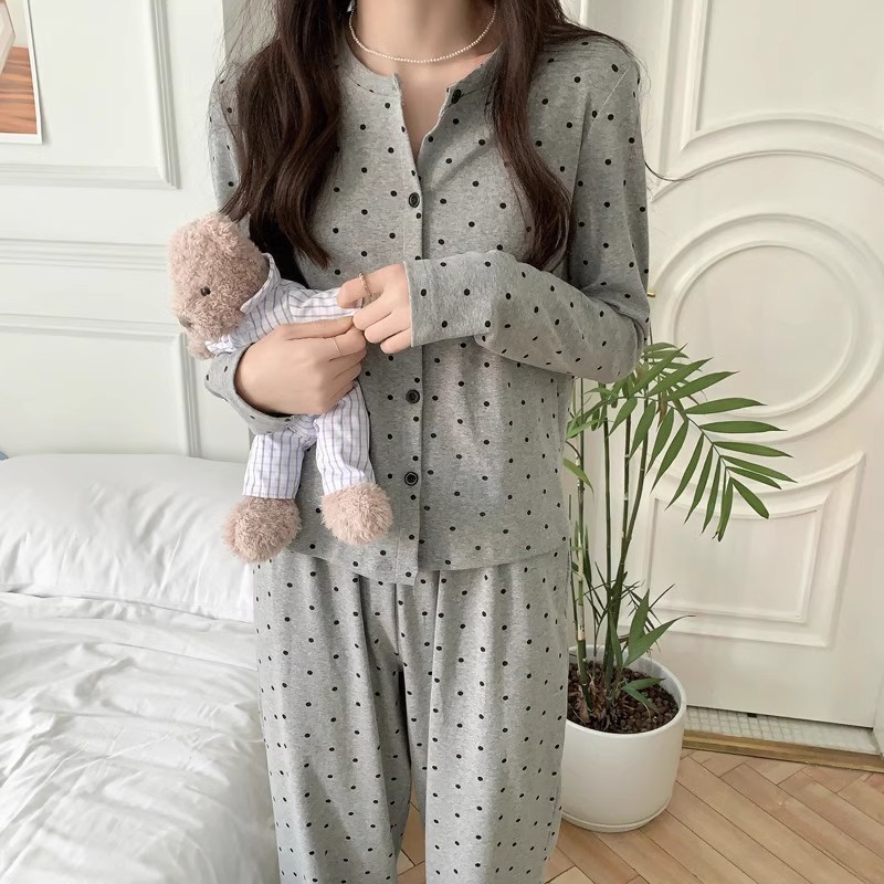 파자마 여성 가을 긴팔 바지 한국식 간단한 캐주얼 스포츠 폴리 에스터-코튼 홈 옷 봄과 여름을위한 투피스 세트