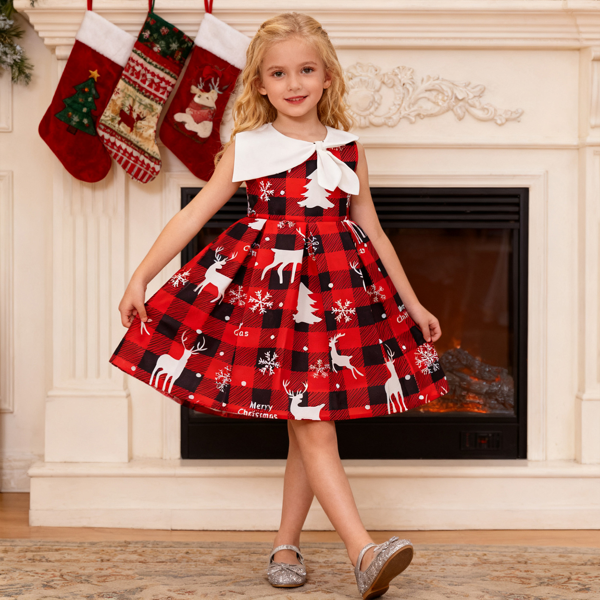 Navidad transfronteriza nuevo vestido de niña vestido de impresión a cuadros vestido de princesa de cascada vestido de princesa de cuello inclinado vestido de princesa