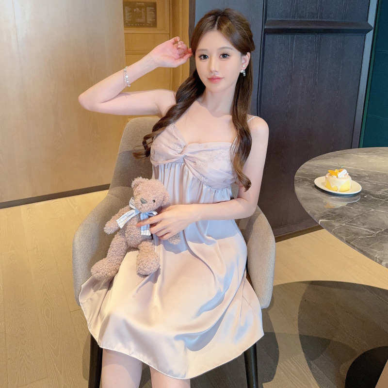 Pijamas de verano de cinta de color sólido cojín de pecho puro deseo de viento hielo y nieve silla cabdaja pijama de niñas bordado encaje sexy ropa para el hogar