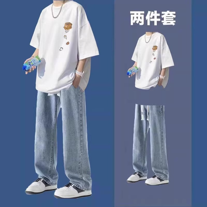 Summer Boys' Two-Piece Suit, Hong Kong Style Loose Short-Sleeved T-Shirt and Straight Jeans, a Complete Set for Students to Wear
