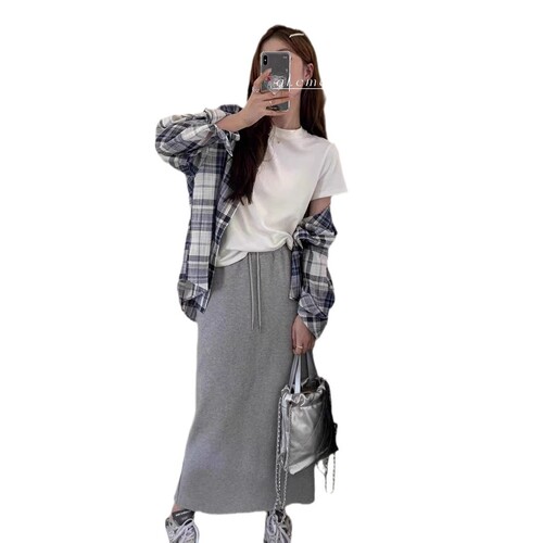 Gray High-waisted Straight-leg Casual Skirt Women's Spring and Autumn New Korean-style Hip-covering Slimming Split Lazy Mid-length Skirt