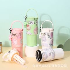 女士吸管杯繁花系列高颜值咖啡杯316不锈钢保温杯手提车载双饮杯