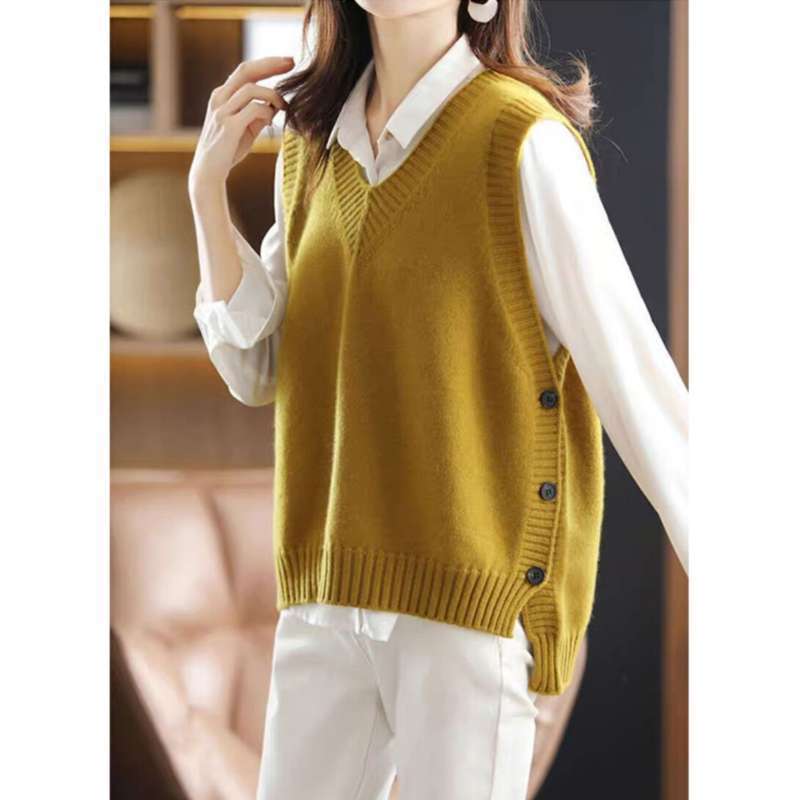 【Familia Cashmere】 Chaleco de punto de lana con cuello en V de temperamento femenino, combinado con suéter sin mangas, camisola, pantalón corto_voghion.com