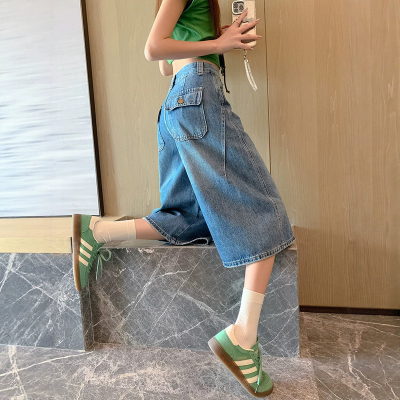 American Retro Blue High-Waisted Wide-Leg Jeans for Women, Summer Loose-Fitting Slimming Denim Straight Shorts A11728 American Retro Blue High-Waisted Wide-Leg Jeans for Women, Summer Loose-Fitting Slimming Denim Straight Shorts A11728