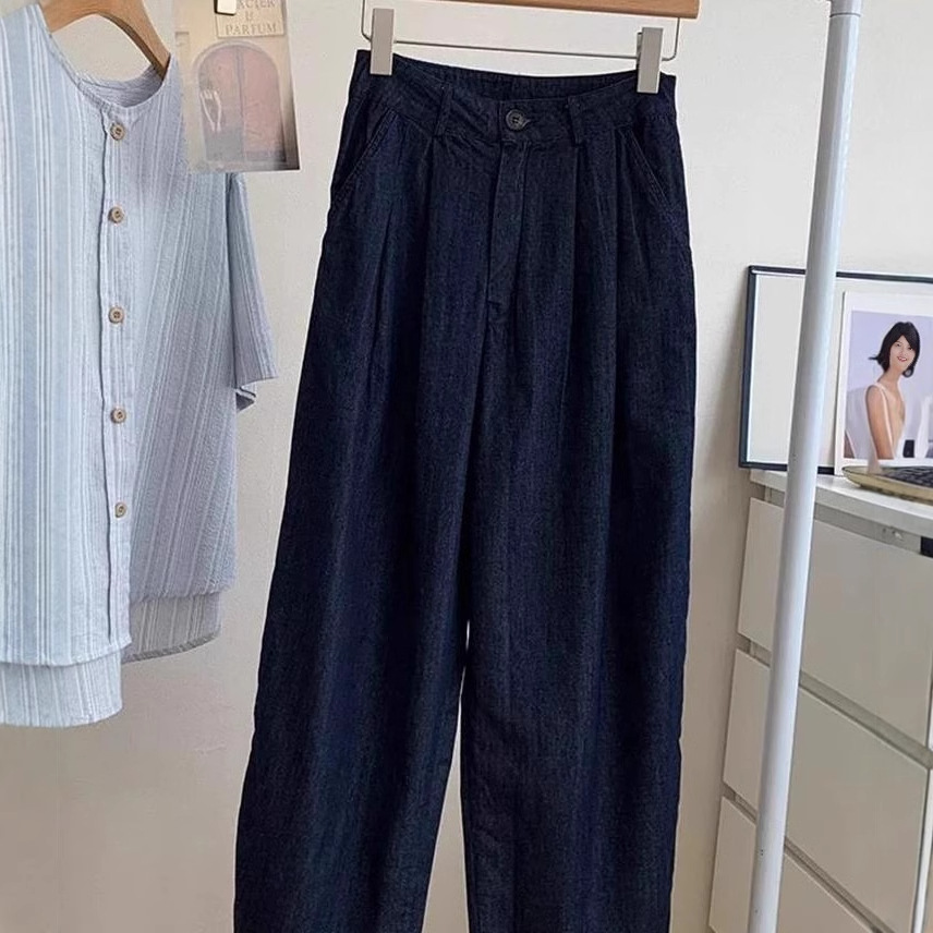 Quần ống rộng vải lanh cotton Yamamoto cạp cao mẫu mới mùa hè 2025 — Màu xanh đậm